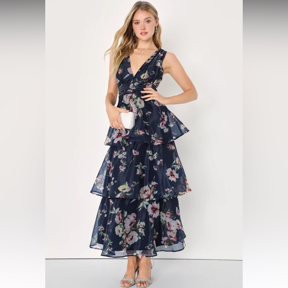NWT Lulus Molinetto Navy Blue Floral Organza Ruffled Tiered Maxi Dress